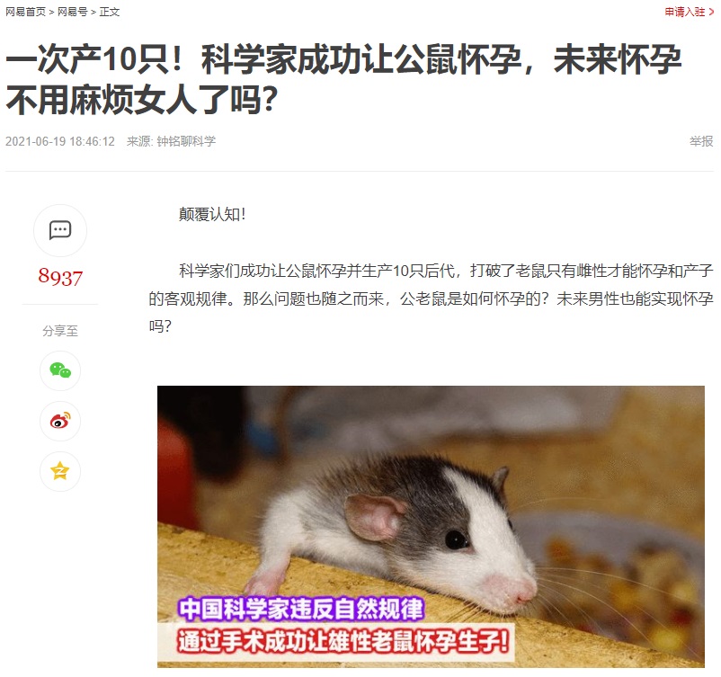 中國科學界最新實驗曝光：讓公鼠懷孕產下幼鼠 震驚網絡