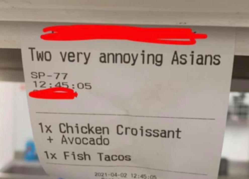 餐廳員工將顧客標為“2個非常討厭的亞洲人” 經理還點讚…