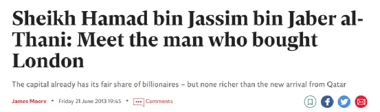 英國《獨立報》曾在2013年發表文章，稱賈西姆為“買下倫敦的人”（the man who bought London）