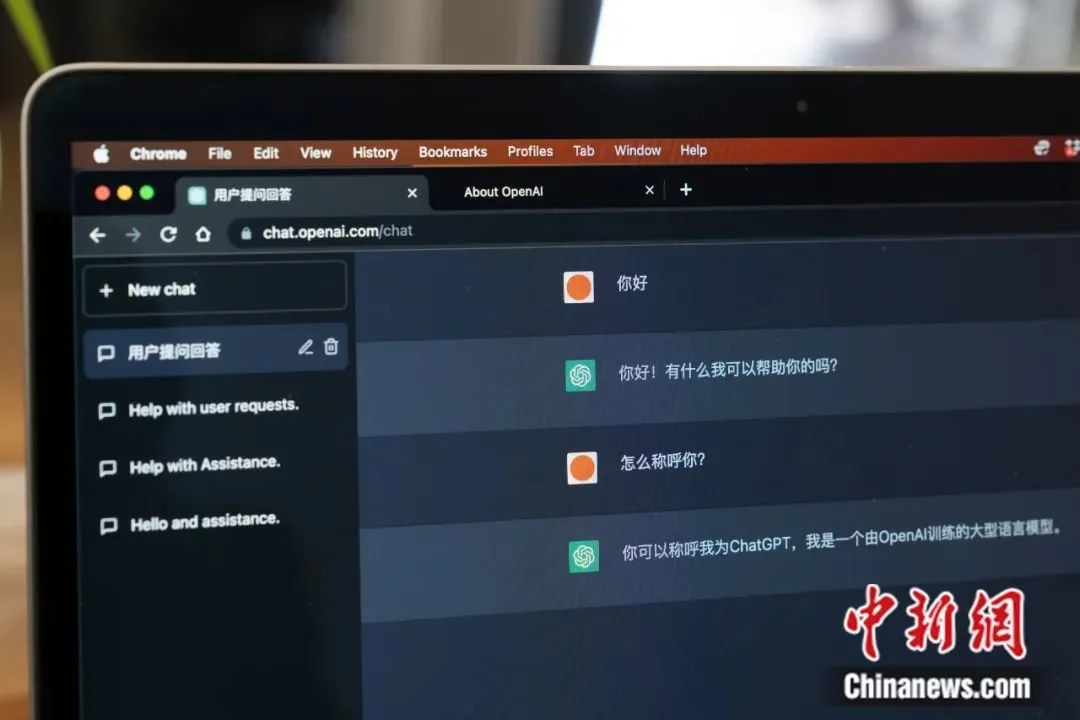 一台筆記本電腦上顯示了OpenAI用簡體中文與ChatGPT進行對話。視覺中國 供圖